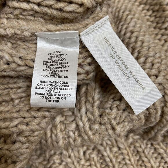 Loft Acrylic Wool Alpaca Chunky Knit Cardigan Sweater Faux Fur Collar Tan/Cream - Picture 7 of 12